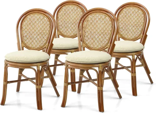 Miniatura 10 de Denver Dining - Silla auxiliar de mimbre hecha a mano con cojín color crema, ratán natural, colonial