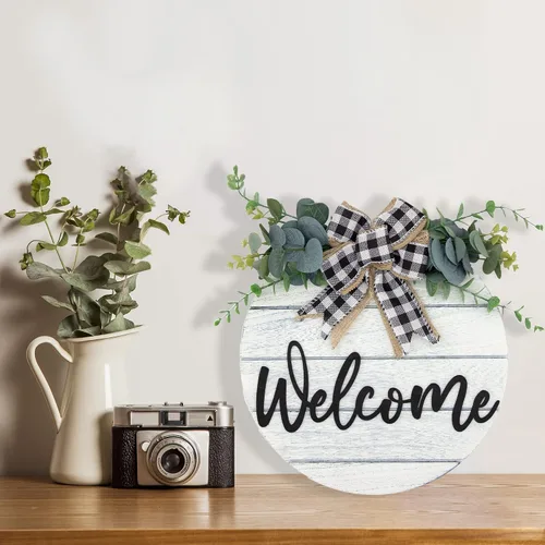 Miniatura 6 de Coronas de bienvenida 3D para puerta delantera, letrero de bienvenida de madera con rayas cóncavas horizontales blancas para decoración de pared