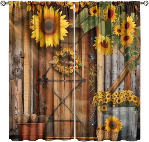 Miniatura 22 de Cortinas opacas con diseño de girasol, rústico, con diseño de girasol, mariposa, verde, amarillo, negro, para niñas, mujeres, dormitorio, sala