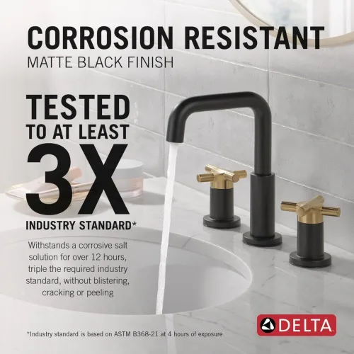 Miniatura 2 de Delta Nicoli - Grifo de baño negro mate/dorado cepillado de 3 agujeros, 8 pulgadas de grifo de lavabo de baño generalizado para tocador, conjunto