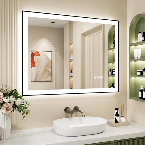 Miniatura 88 de Espejo de baño LED de 60x36 pulgadas con marco negro, espejos de baño retroiluminados y con luz frontal para pared, antiempañamiento, regulable