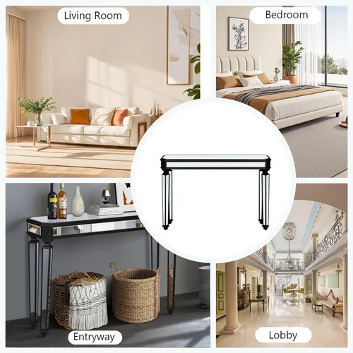 Miniatura 9 de Mesa Consola Negra con Espejo, Mesa de Sofá de Cristal Rectangular de 48 pulgadas con Elementos Tallados Vintage con Espejo, Muebles de Espejo