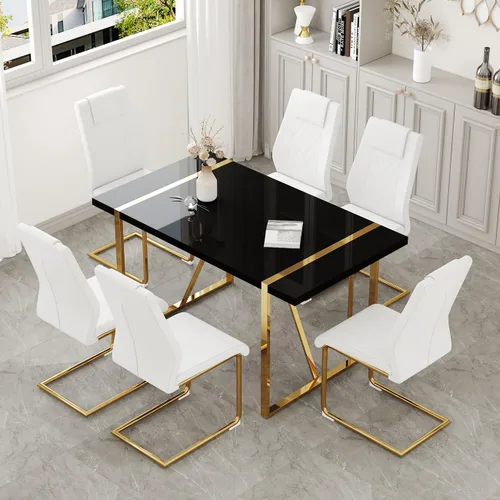 Miniatura 18 de Juego de mesa de comedor moderna de 55 pulgadas para 4, mesa de comedor negra y marco de metal dorado, mesa de comedor rectangular con 4 sillas