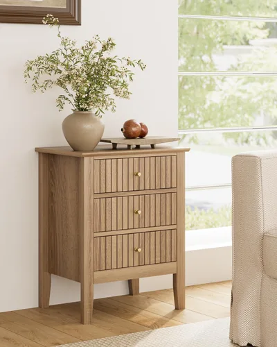 Miniatura 7 de Mesita de noche acanalada, mesa auxiliar de granja con 3 cajones, mesa auxiliar de acento lateral estilo Mid Century Modern, mesita de noche