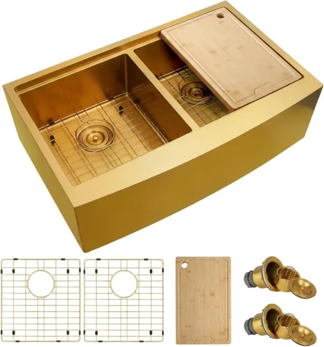 Miniatura 2 de Fregadero dorado de 33 x 20 pulgadas, fregadero de cocina dorado con doble tazón, fregadero de estación de trabajo de granja frontal de 33 pulgadas