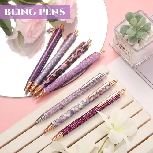 Miniatura 6 de Sherr 7 bolígrafos elegantes para mujer, lindos bolígrafos de purpurina brillantes con 10 recambios de tinta negra, bonitos regalos para niñas
