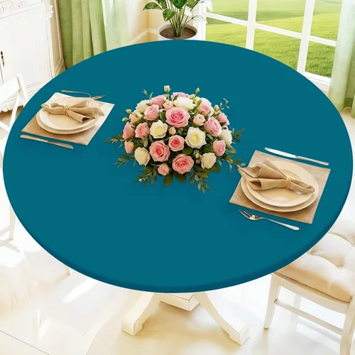 Miniatura 31 de Moosfor Mantel redondo de elastano, elástico ajustable impermeable para mesas de 18 a 24 pulgadas, mantel de picnic elástico lavable para Azul