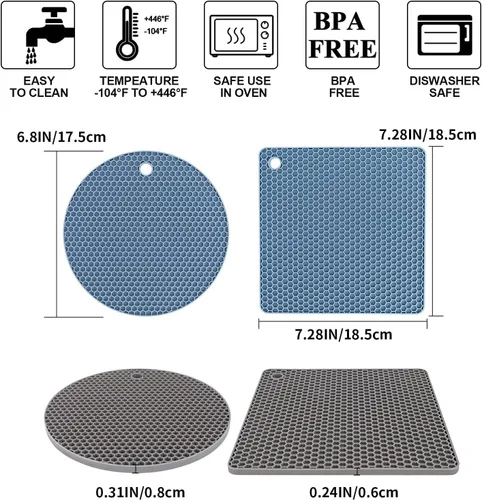Miniatura 6 de Salvamanteles para platos calientes, paquete de 4 almohadillas calientes de silicona para cocina, tapete de silicona antideslizante resistente al