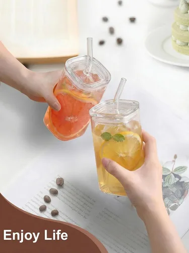 Miniatura 6 de 2 tazas de café cuadradas con tapas y pajitas, vasos de 14 onzas, reutilizables, resistentes al calor, resistentes al calor, para café, leche, jugo