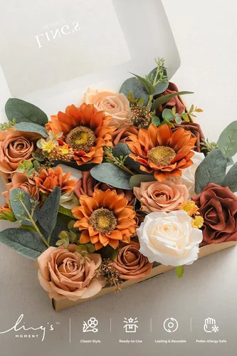 Miniatura 4 de Ling's moment Caja de Flores Artificiales, Tallos de Follaje Artificial de Espuma, Rosas de Seda, Girasol, Eucalipto, Flor de Tela para Centros