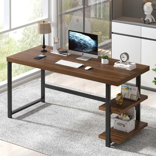 Miniatura 13 de FOLUBAN Escritorio para computadora de 47 pulgadas, escritorio pequeño para el hogar y oficina con estantes de almacenamiento, mesa de estudio, Nogal