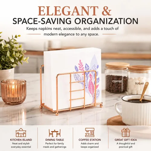 Miniatura 4 de Creative Home Servilletero de alambre de oro rosa para mesa, organizador de servilletas de metal chapado en cobre para encimera de cocina, mesa