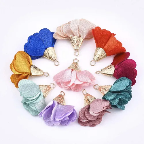 Miniatura 11 de Cheriswelry Colgantes de flores de tela de tela con pétalos florales con tapa dorada para aretes de bricolaje, llavero, fabricación de joyas