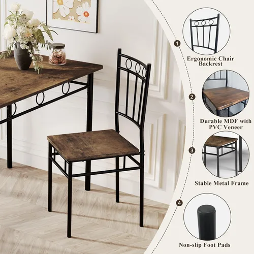 Miniatura 4 de Juego de mesa de comedor de 5 piezas, moderna mesa de cocina de metal y madera con 4 sillas, juegos de mesa de comedor para espacios pequeños