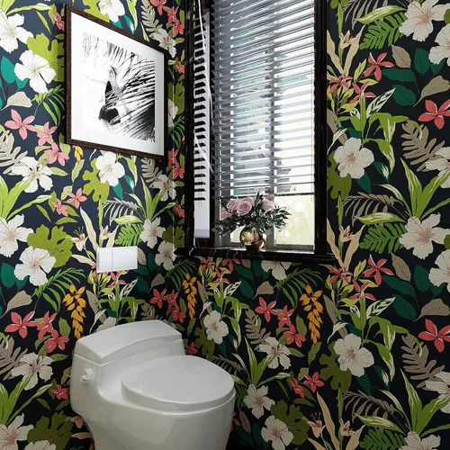 Miniatura 4 de VEELIKE Papel tapiz floral negro de 17.7 x 118 pulgadas, papel tapiz tropical oscuro para dormitorio, baño, autoadhesivo, extraíble, botánico, papel