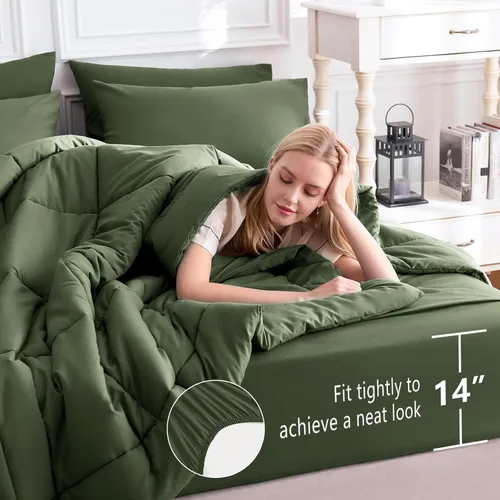 Miniatura 5 de CozyLux Juego de edredón tamaño King, color verde oliva, 7 piezas en una bolsa, edredón verde tamaño King, juegos de ropa de cama para todas