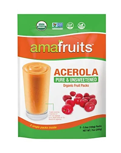 Amafruits Acerola - Paquetes de batidos y cuencos de puré congelado puro y sin azúcar | USDA Orgánico | Certificado sin OMG | Cero azúcar | Apoyo a