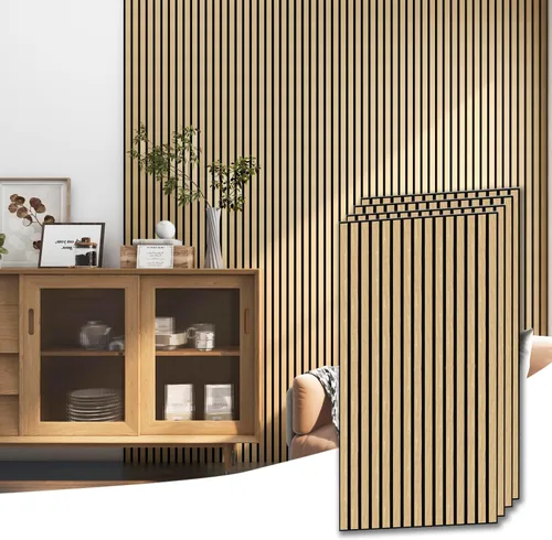 Miniatura 10 de 4 piezas de paneles acústicos de listones de madera, panel de pared de madera acanalada 3D absorbente de sonido para pared y techo, paneles Nogal