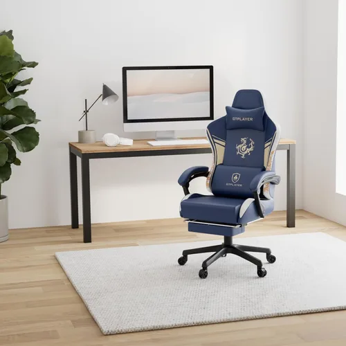 Miniatura 2 de GTPLAYER Silla de juegos con altavoces Bluetooth y reposapiés, silla de videojuegos de la serie Dragon, resistente, ergonómica, silla de oficina Azul
