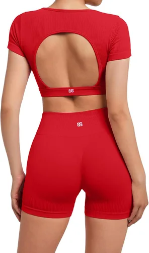 Miniatura 3 de SUUKSESS Conjunto de 2 piezas de entrenamiento acanalado sin costuras con espalda abierta y manga corta y glúteos fruncidos