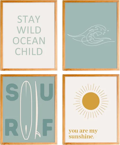 BearCake Juego de 4 arte de pared para guardería oceánica sin marco, decoración de pared costera de verano, playa, océano, para habitación de niños