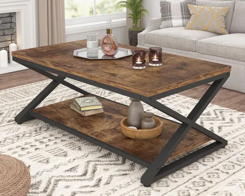 Miniatura 3 de HSH Mesa de centro de madera con almacenamiento, mesa de café rústica marrón para sala de estar, mesa central moderna minimalista de 2 niveles, mesa