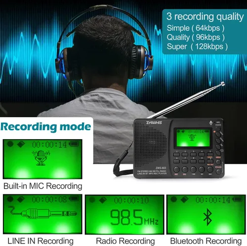 Miniatura 6 de ZHIWHIS Radio Bluetooth portátil, radios FM AM de onda corta con temporizador de sueño y función preestablecida, grabadora digital recargable