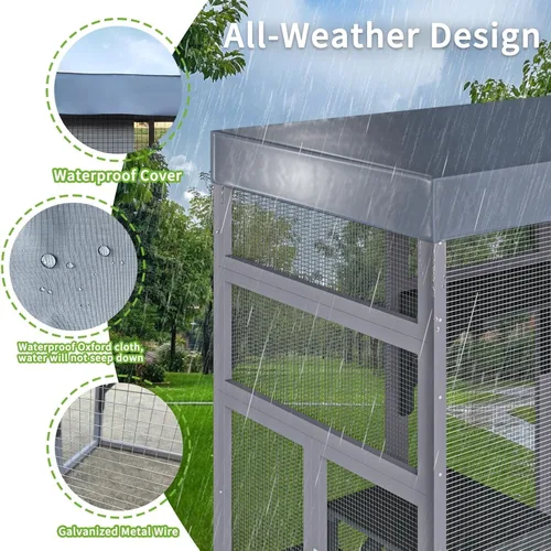 Miniatura 4 de Catio grande de 70 pulgadas para gatos al aire libre, jaula para gatos al aire libre con cubierta impermeable, plataformas de salto de madera