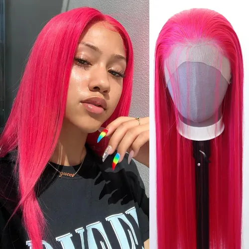 Miniatura 21 de 99J Peluca larga y lisa 99J color borgoña sintética con encaje frontal, predesfilada con línea de cabello natural para mujeres de moda, cabello