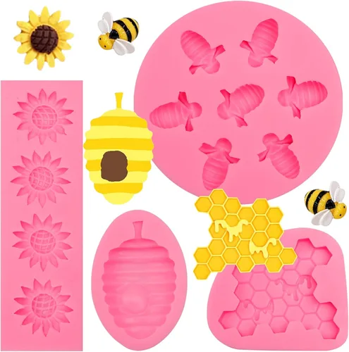 4 moldes de silicona de abejorros para panal, girasol, fondant, colmena, moldes de silicona para hornear, moldes de fondant de abeja para decoración