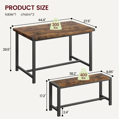 Miniatura 6 de Juego de mesa de comedor de granja para 4, juego de mesa de cocina de 3 piezas con 2 bancos, mesa rectangular pequeña y bancos para comedor, cocina