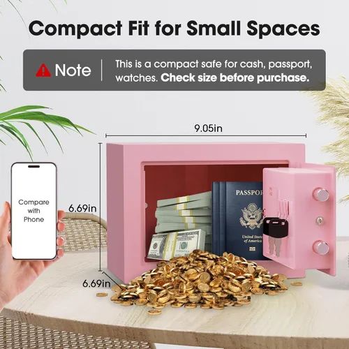 Miniatura 2 de Goldenkey Pequeña caja fuerte para dinero, caja de seguridad digital para el hogar con llaves y código para dinero en efectivo y monedas, mini cajas
