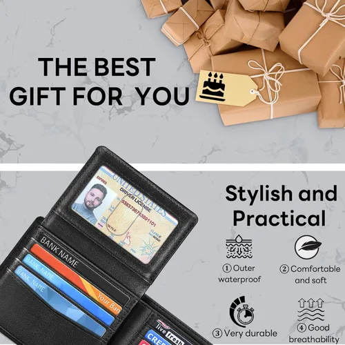 Miniatura 6 de Cartera para hombre, billetera clásica de alta calidad para hombre, billetera minimalista y plegable, cartera con bloqueo RFID con 10 tarjetas