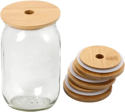 Miniatura 6 de Paquete de 4 tapas de frasco mason de bambú de boca ancha de 86mm con agujero para pajita, tapas de bambú reutilizables a prueba de fugas