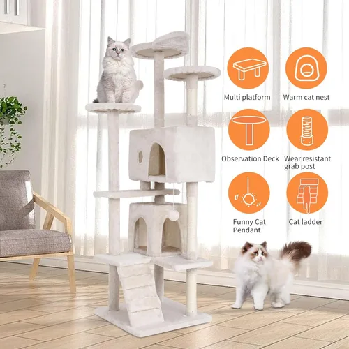 Miniatura 5 de Árbol para gatos resistente con torre de 70 pulgadas de alto, 3 perchas y 2 condominios acogedores, poste de sisal y escaleras para gatos grandes