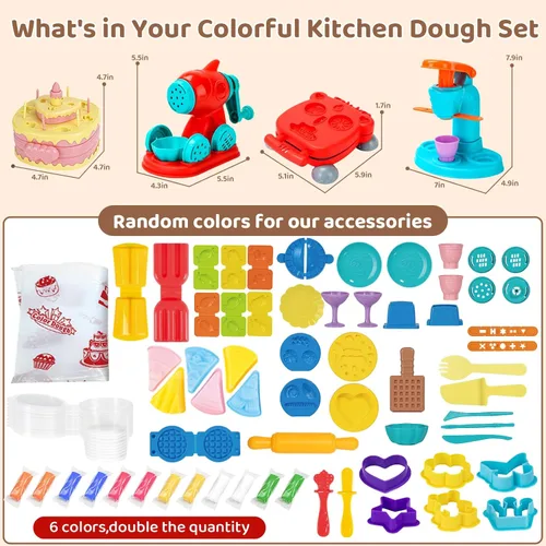 Miniatura 7 de Aprilwolf 70 PCS Juego de Masa 4 en 1 para Niños de 3-4-8 Años, Kit de Herramientas de Masa para Manualidades de Arte, Set de Juego de Helado Fideos