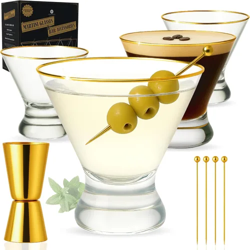 Miniatura 9 de VEMACITY - Juego de 4 vasos de Martini Espresso de lujo Vasos Coupé de 10 onzas con bordes dorados para champán, Cosmopolitans - Incluye jigger