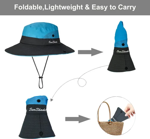 Miniatura 35 de Sombrero de sol de verano para mujer, cola de caballo – Protección UV de malla de ala ancha plegable con agujero para cola de caballo