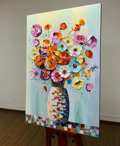 Miniatura 3 de V-inspire Arte, pintura al óleo moderna pintada a mano de 30 x 45 pulgadas, ramo completo de flores, lienzo acrílico abstracto, decoración de pared
