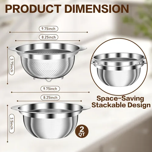 Miniatura 2 de Colador de acero inoxidable con tazón para mezclar, lavadora de arroz, colador para cocina, colador de arroz, lavado de frutas y verduras, colador
