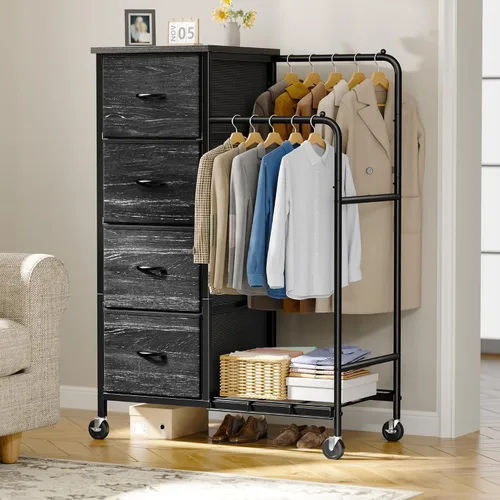 Romorgniz Cómoda 3 en 1 con estante para colgar, 4 cajones de tela con doble perchero y ruedas, organizador alto de armario para dormitorio, Negro
