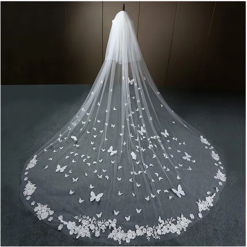 HEMOTONE Velo de boda largo con borde de encaje de mariposa, catedral, velo de novia con peine de cristal (color blanco roto, tamaño 137.8in)