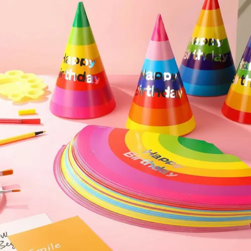 Miniatura 7 de Boao 20 sombreros de fiesta de cumpleaños arcoíris con pancarta de feliz cumpleaños, sombreros de cono coloridos para adultos y niños pequeños