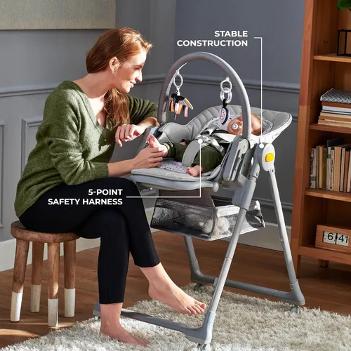 Miniatura 6 de Kinderkraft LASTREE Silla Alta Plegable para Bebés y Niños Pequeños con Función Reclinable, Barra de Juegos, Bandeja Ajustable y Reposapiés en Gris
