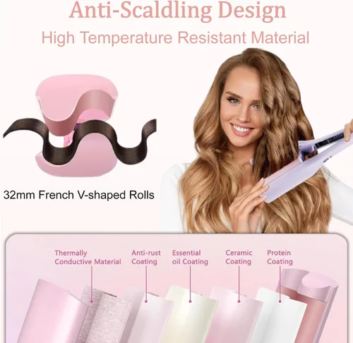 Miniatura 3 de Rizador Waver, 4 herramientas de pelo de temperatura ajustable con 2 barriles de cerámica, anti-quemaduras, calentamiento rápido 15S, plancha de Rosa