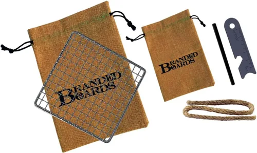 Miniatura 9 de Parrilla portátil de Bushcraft con rejilla para barbacoa de acero inoxidable, tabla de cortar de bambú, bolsa de arpillera, cuchillo mini, kits
