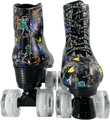 Miniatura 3 de Patines de ruedas para hombres y mujeres, patines Derby negros con 4 ruedas brillantes, patines clásicos de doble fila para interiores y exteriores