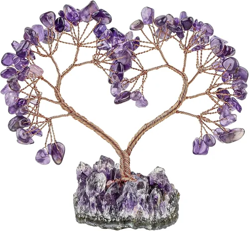 Miniatura 8 de TUMBEELLUWA Árbol de dinero con piedras de cristal con base de racimo de amatista natural, hecho a mano, figura de amor, árbol bonsái para buena