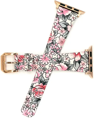 Pulsera de cuero de flores compatible con Apple Watch Band para mujer, correa de repuesto con patrón floral colorido para iWatch Series rosa gris
