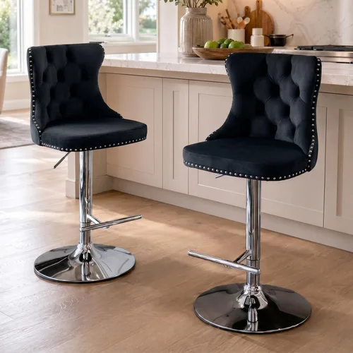 Miniatura 46 de SoarFlash Juego de 2 taburetes de bar tapizados de terciopelo moderno con patas de madera, botones acolchados, cabeza de clavo cromada, asiento